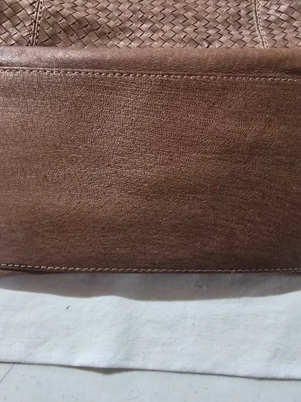 The Sak Brown Woven Leather Tote Shoulder Bag Tiger Eye Bead Charm